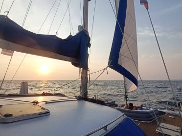 Adventure catamaran sailing across the tropical islands of Southern Thailand